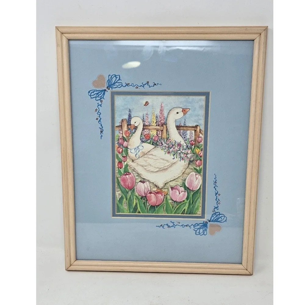Vtg Figi Graphics water color Geese Tulips framed wall art countrycore CA-302